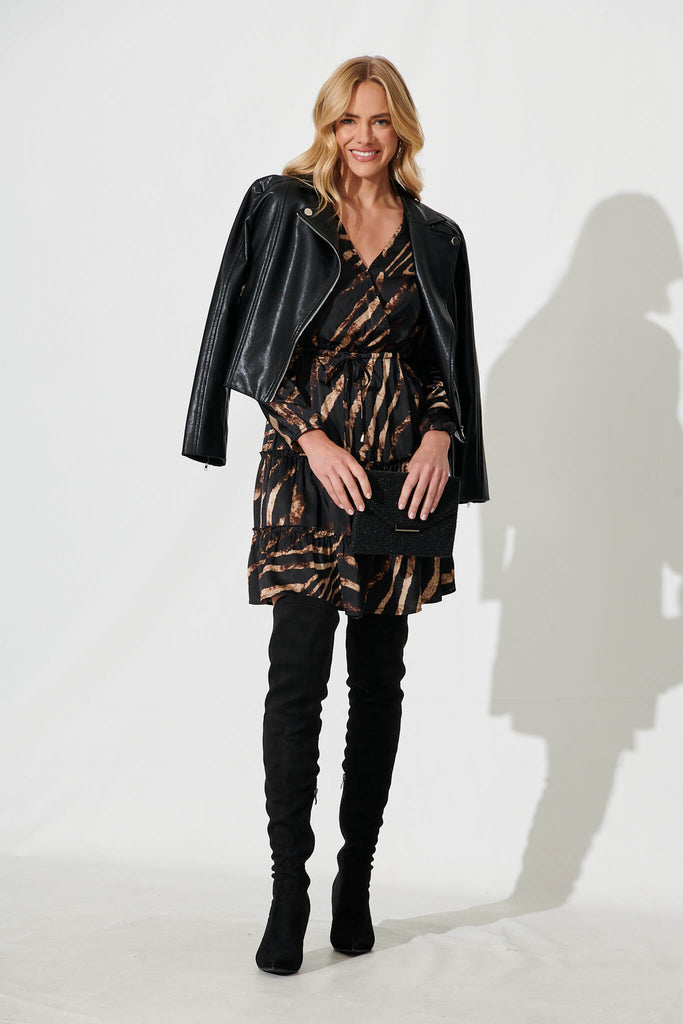 Chachi Mock Wrap Dress In Black With Brown Satin - full length