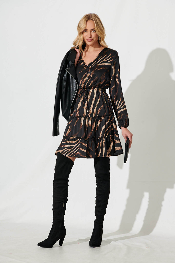 Chachi Mock Wrap Dress In Black With Brown Satin - full length