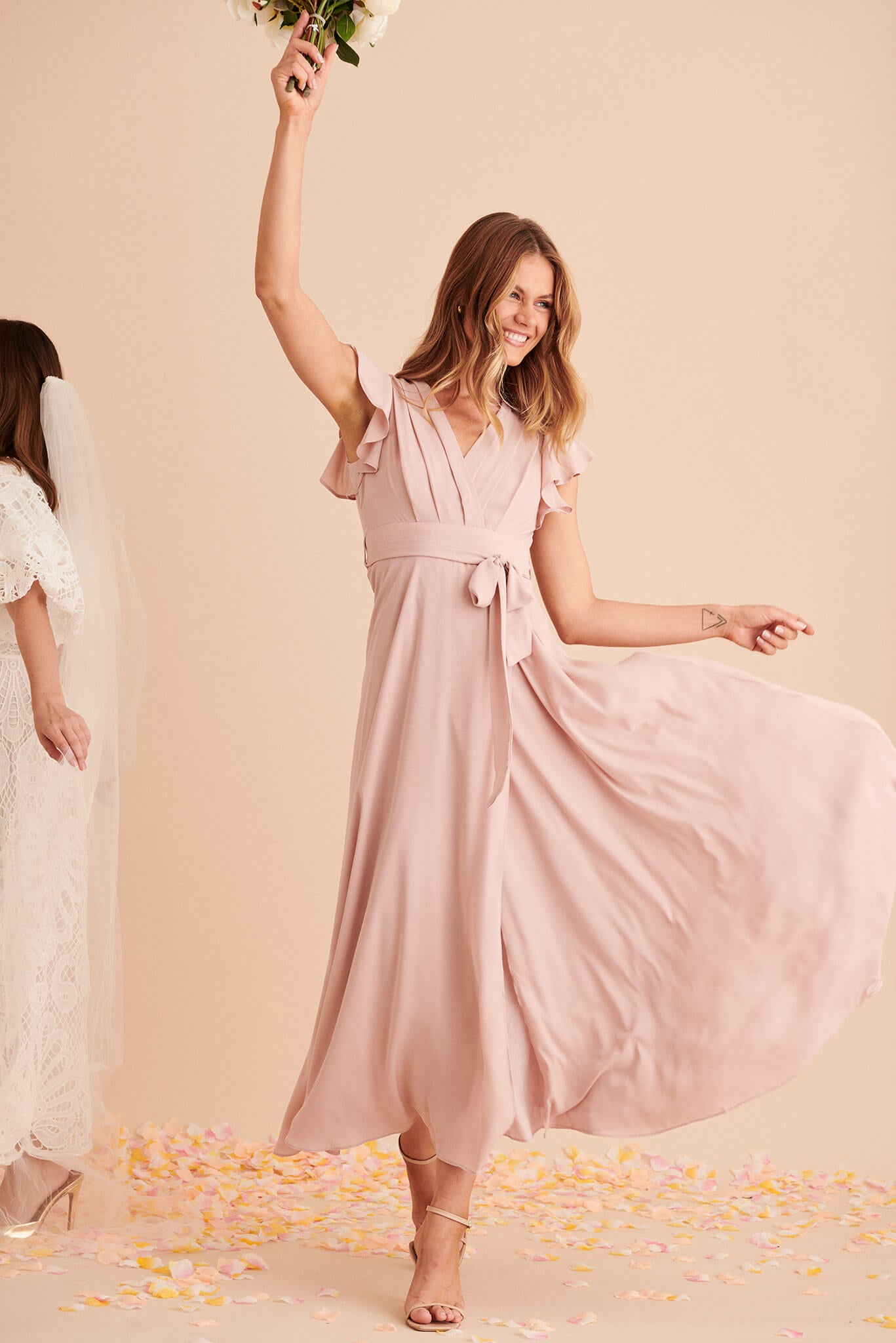 Blush chiffon maxi dress with pearl buttons on the back. Beige floor length bridesmaid dress with sleeves. Romantic newest flowy dress for women