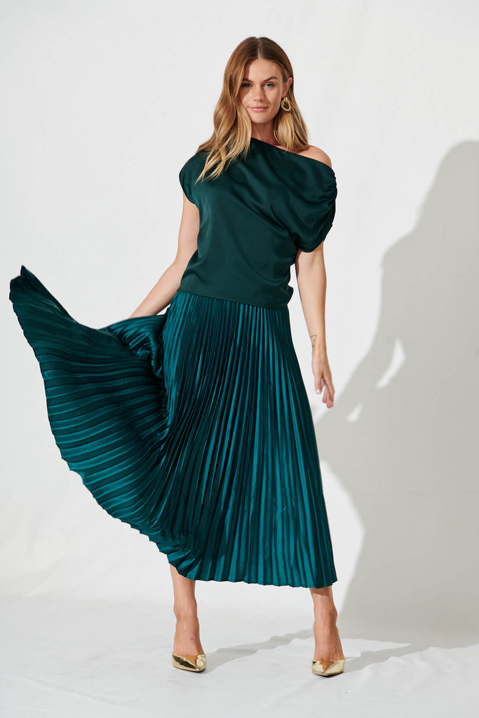 Liana Off Shoulder Top In Emerald Satin - full length