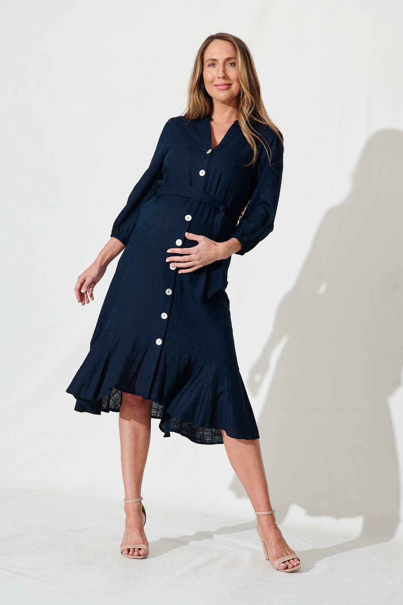 Heartland Midi Dress In Navy Linen Blend - full length