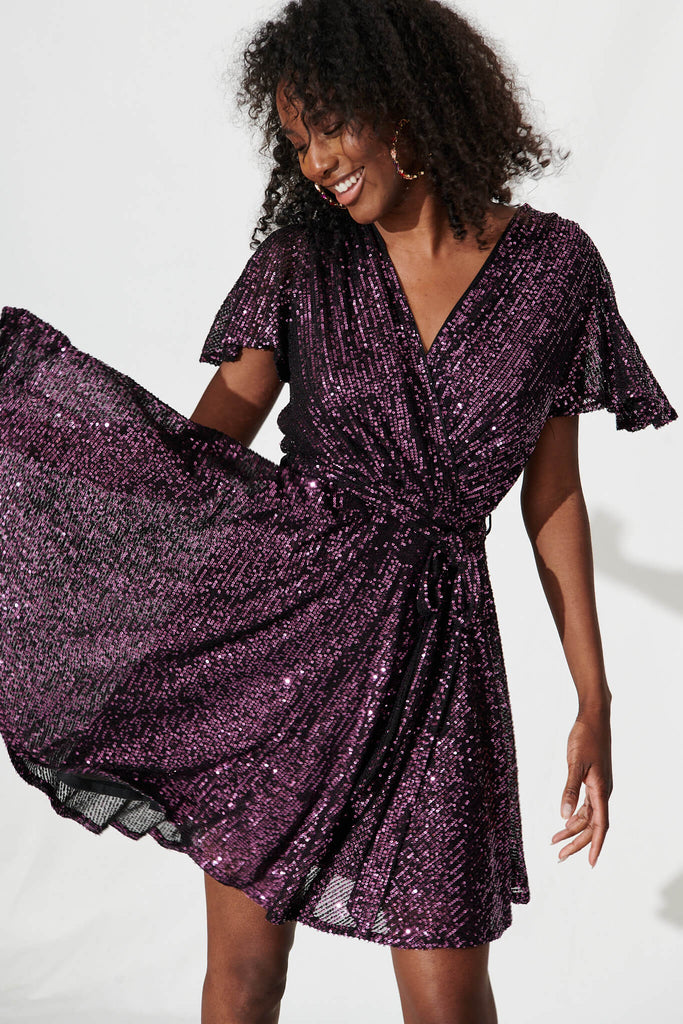 Amoretto Dress In Wine Sequin - front