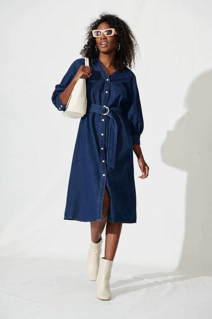 Air Midi Dress In Blue Denim - full length