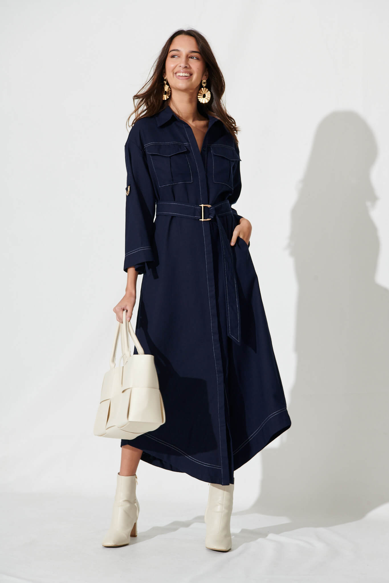 Copeland Midi Shirt Dress In Navy Linen Blend - full length