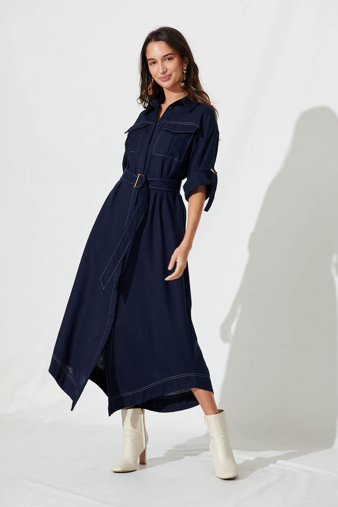 Copeland Midi Shirt Dress In Navy Linen Blend - full length