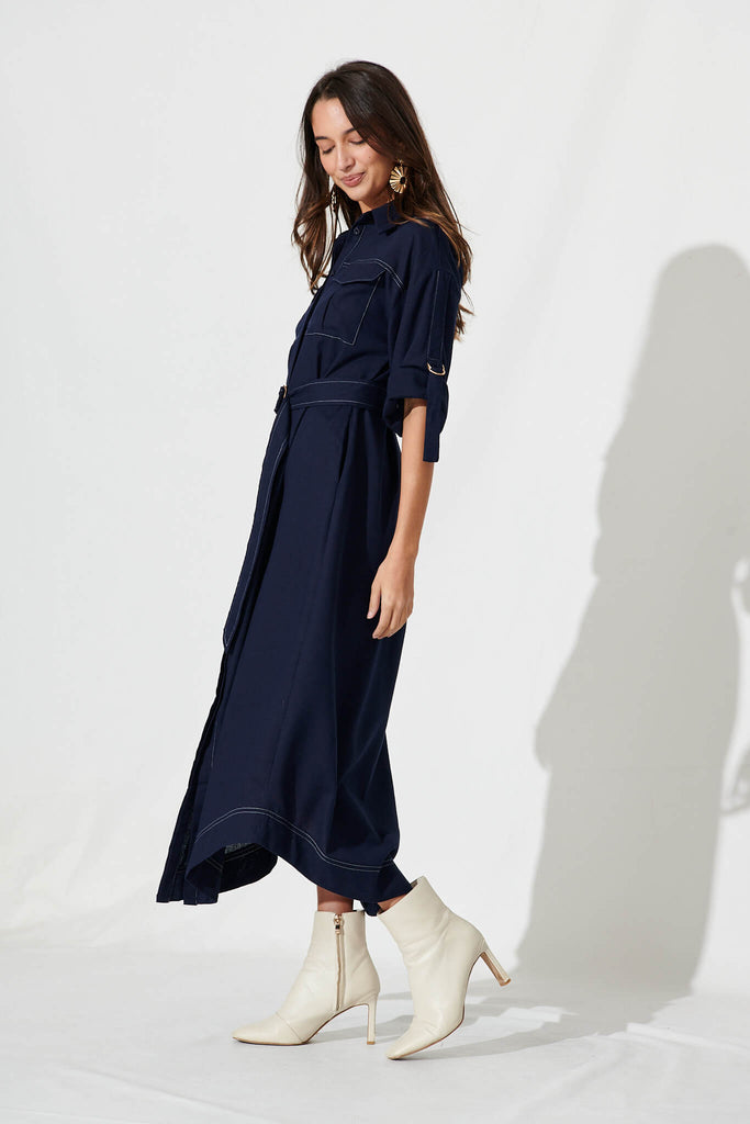 Copeland Midi Shirt Dress In Navy Linen Blend - side