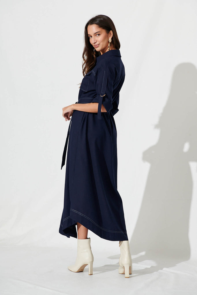 Copeland Midi Shirt Dress In Navy Linen Blend - back