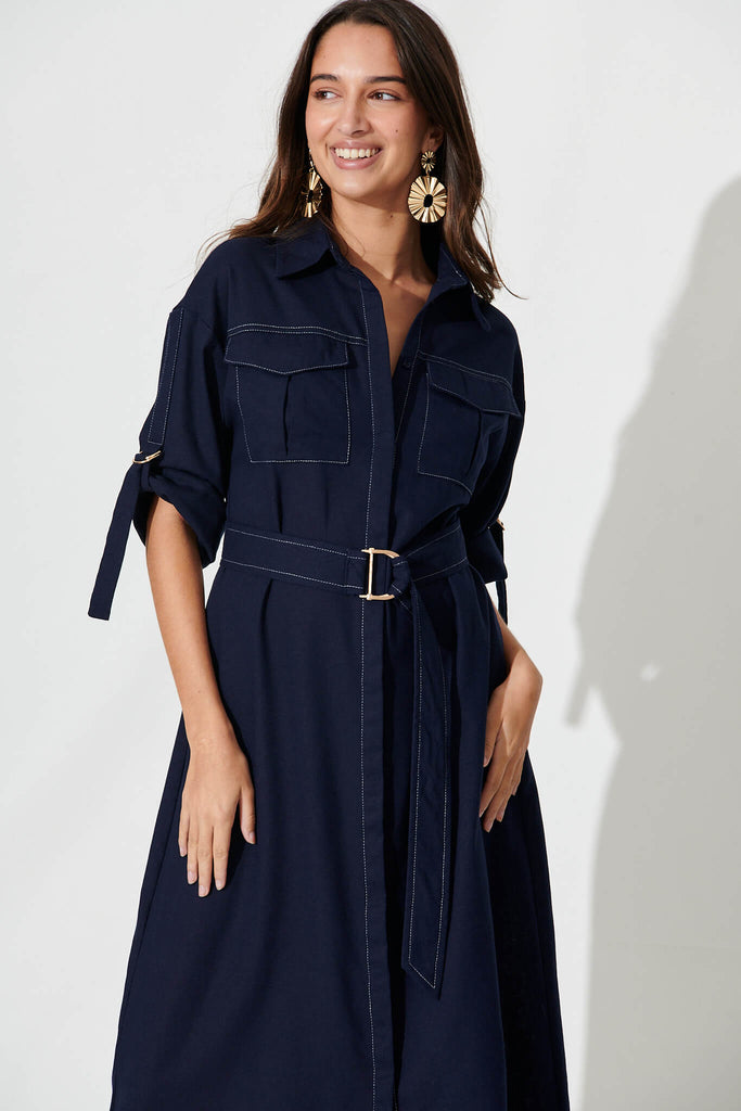 Copeland Midi Shirt Dress In Navy Linen Blend - front