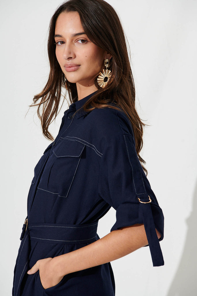 Copeland Midi Shirt Dress In Navy Linen Blend - detail