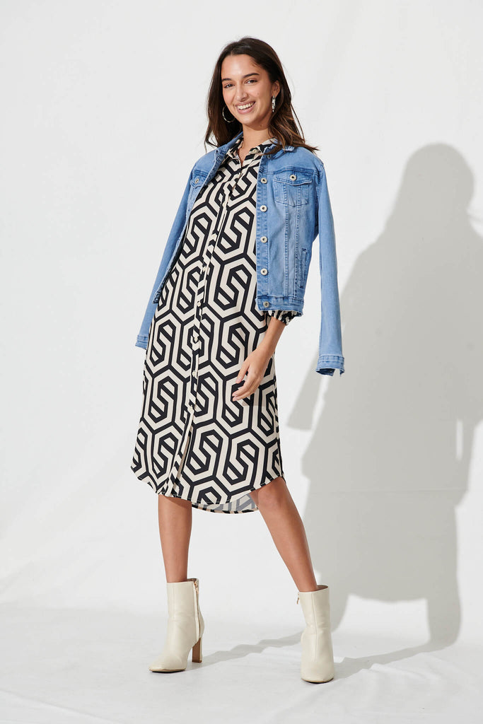 Maddington Shirt Dress In Cream With Black Geometric Print - full length