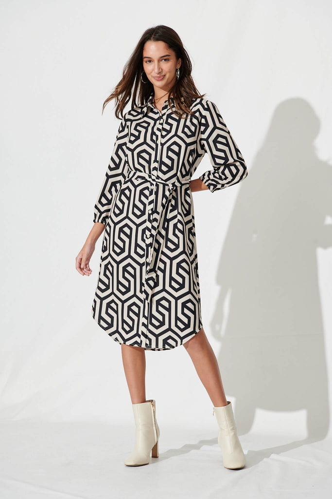 Maddington Shirt Dress In Cream With Black Geometric Print - full length