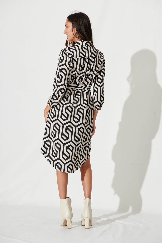 Maddington Shirt Dress In Cream With Black Geometric Print - back