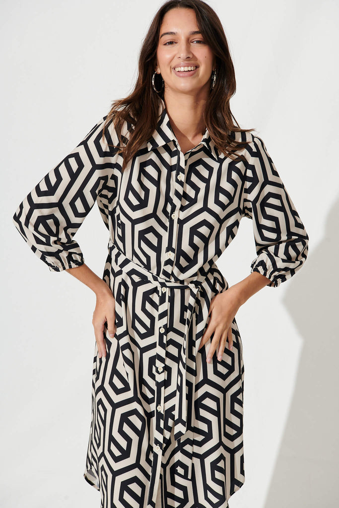 Maddington Shirt Dress In Cream With Black Geometric Print - front