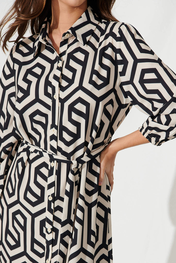 Maddington Shirt Dress In Cream With Black Geometric Print - detail