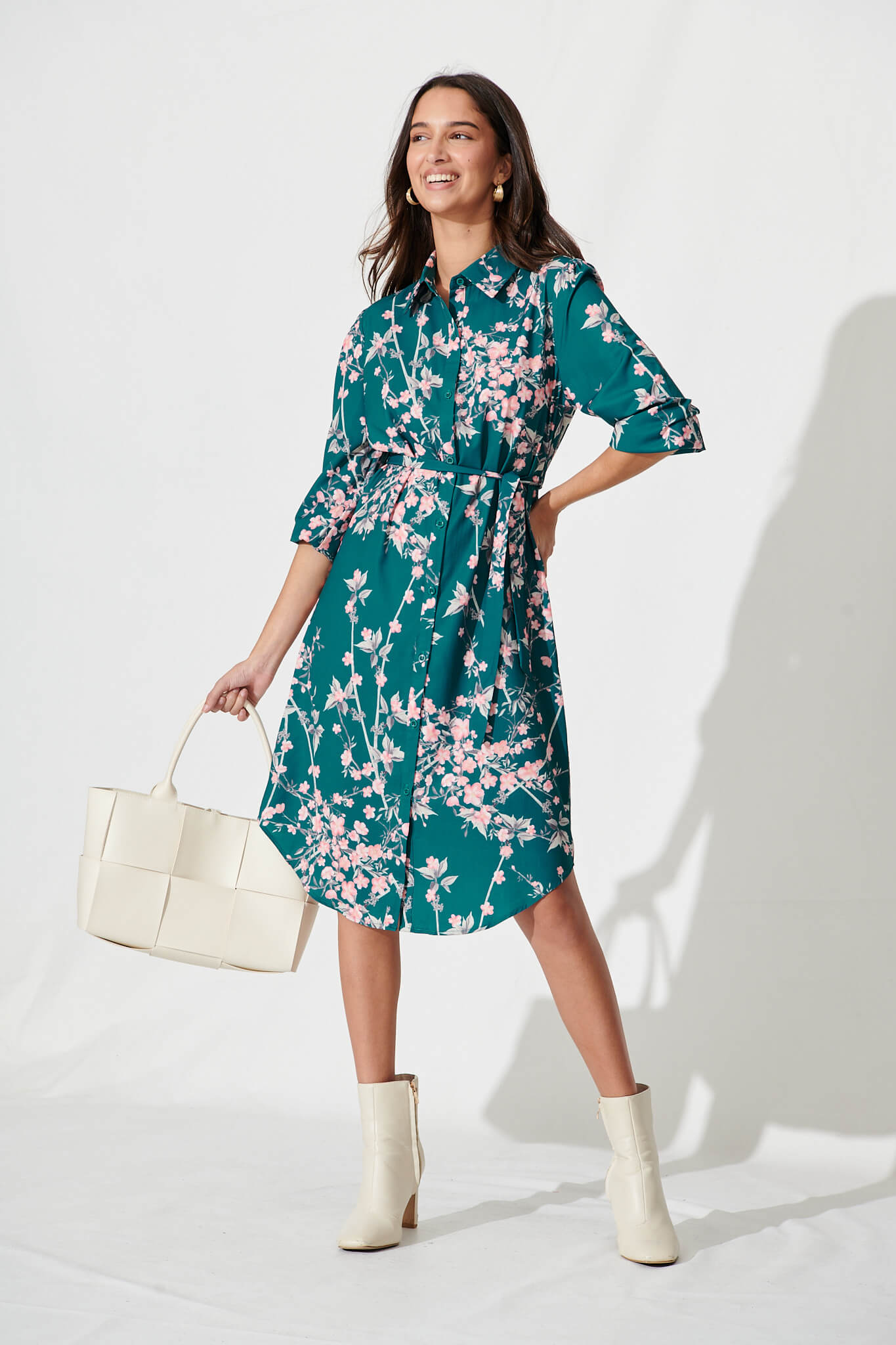 Maddington Shirt Dress In Teal With Pink Cherry Blossom - full length