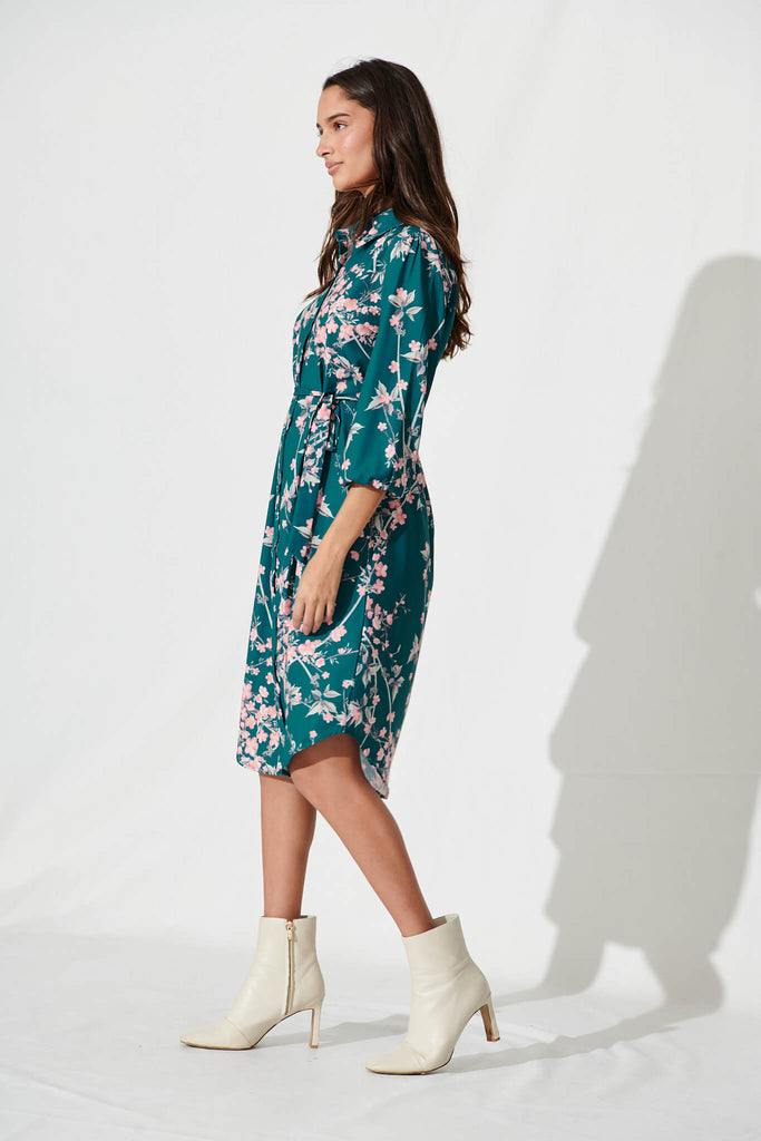 Maddington Shirt Dress In Teal With Pink Cherry Blossom - side