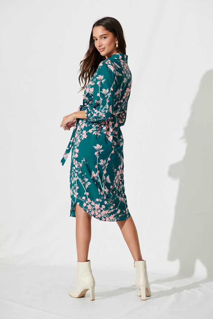 Maddington Shirt Dress In Teal With Pink Cherry Blossom - back