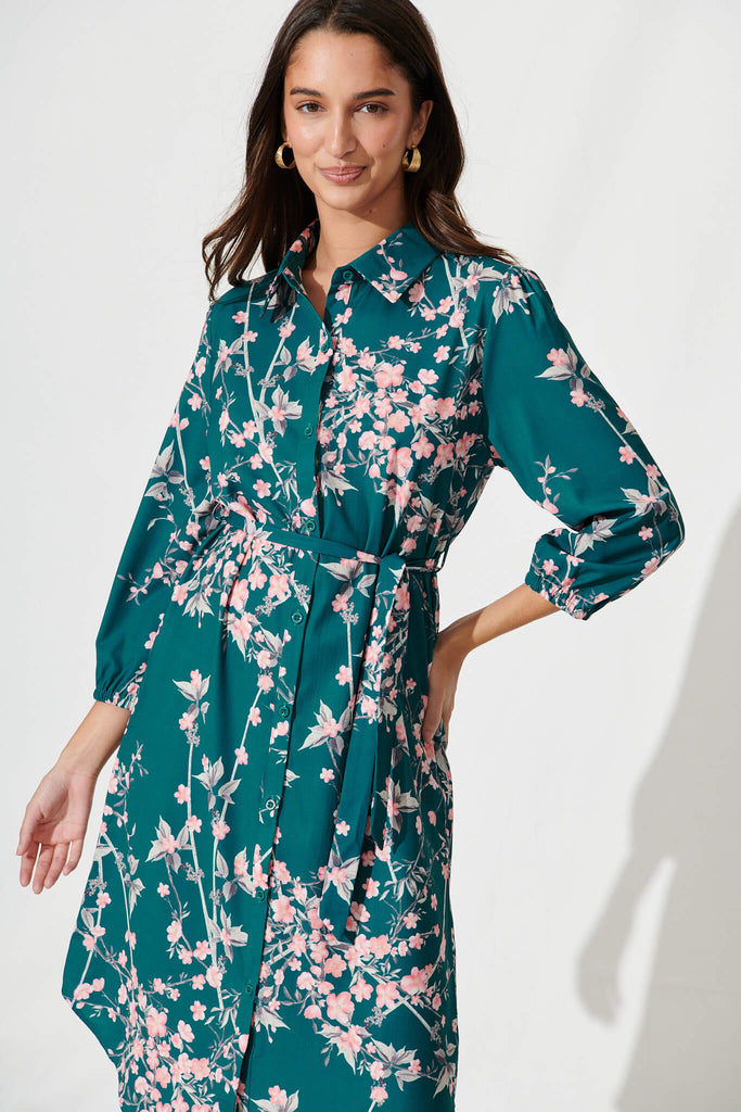 Maddington Shirt Dress In Teal With Pink Cherry Blossom - front