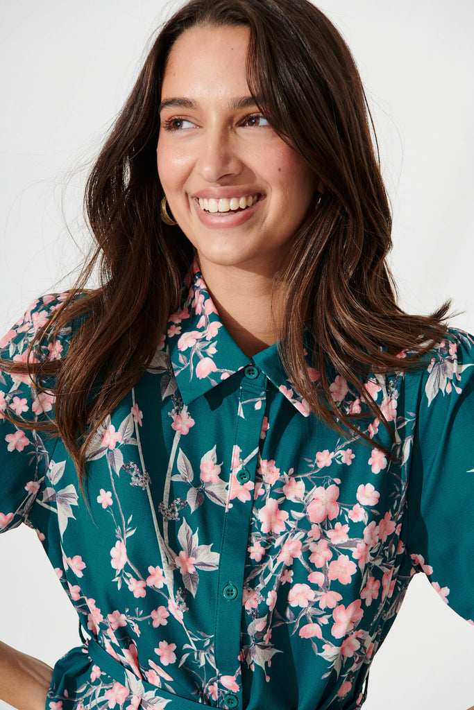 Maddington Shirt Dress In Teal With Pink Cherry Blossom - detail