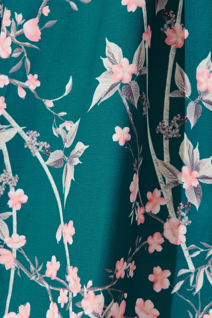 Maddington Shirt Dress In Teal With Pink Cherry Blossom - fabric