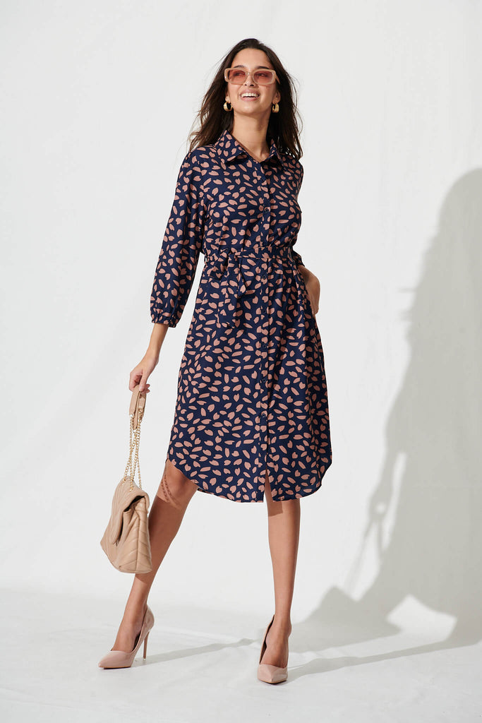 Maddington Shirt Dress In Navy With Rust Leaf - full length