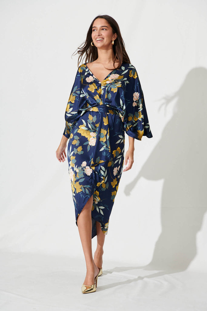 Joyful Midi Dress In Navy Floral Satin - full length