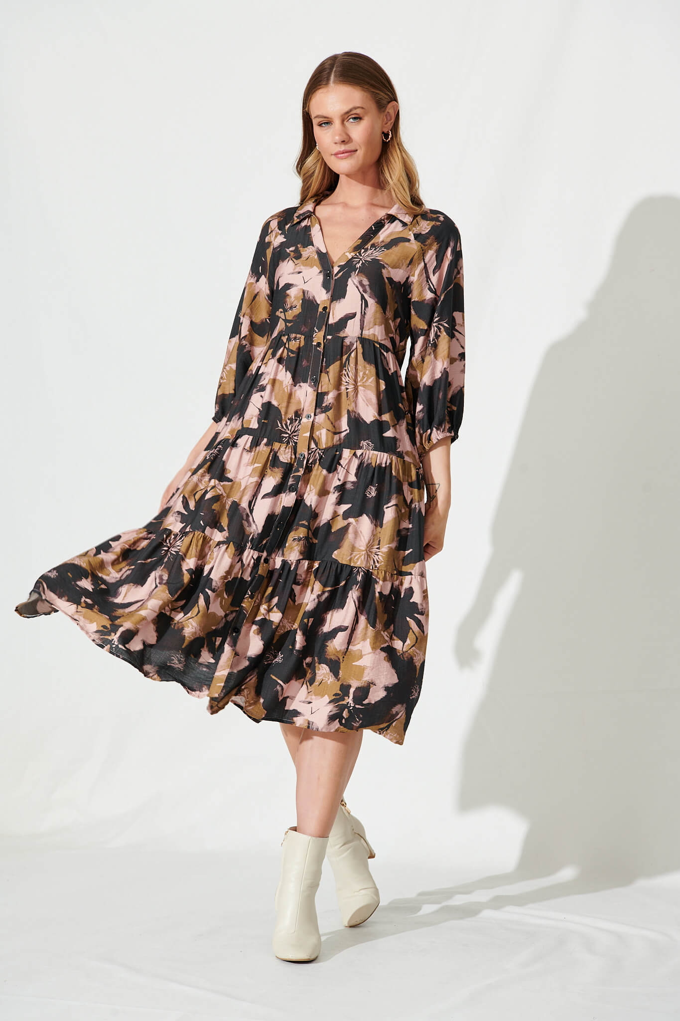 Marcella Midi Shirt Dress In Black Multi Print Cotton Blend - full length