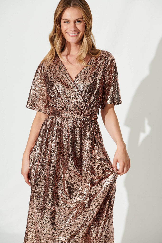 Winslet Midi Dress In Rose Gold Sequin - front