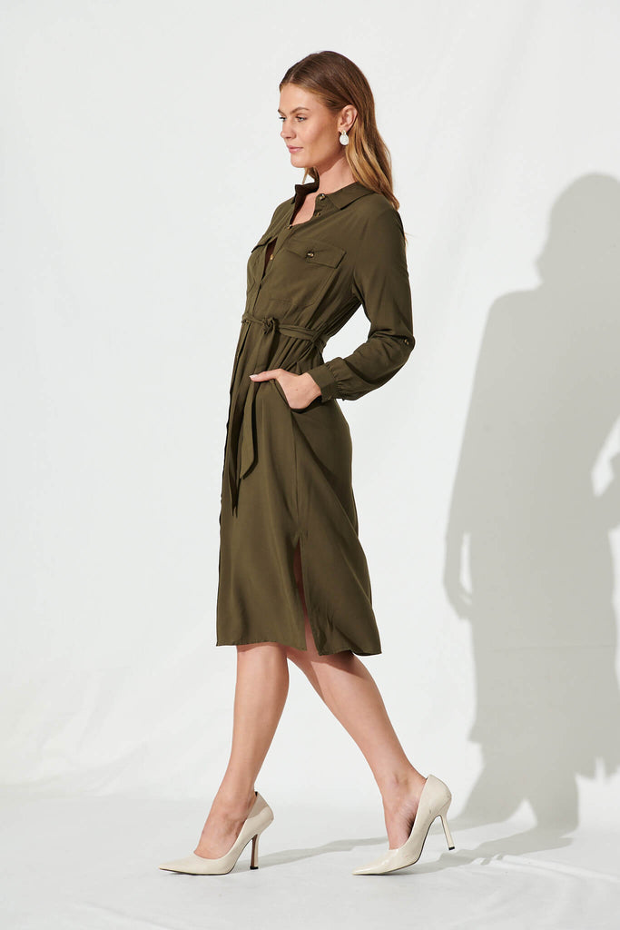 Nirvani Midi Shirt Dress In Khaki - side