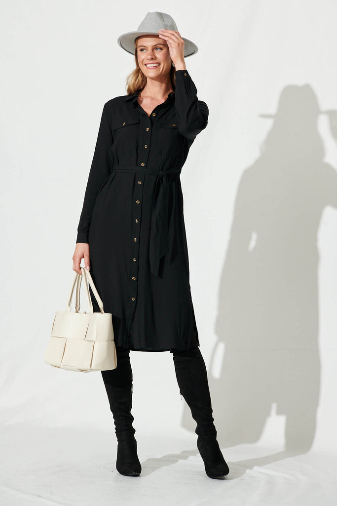 Nirvani Midi Shirt Dress In Black - full length