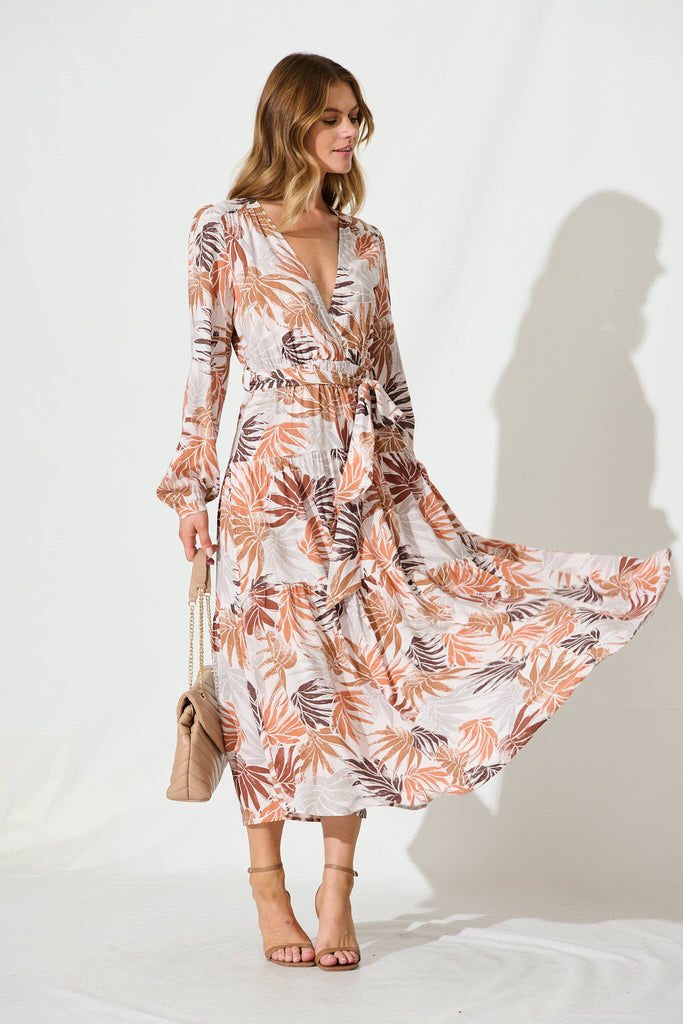 Bridie Maxi Dress In Brown Leaf Print - full length