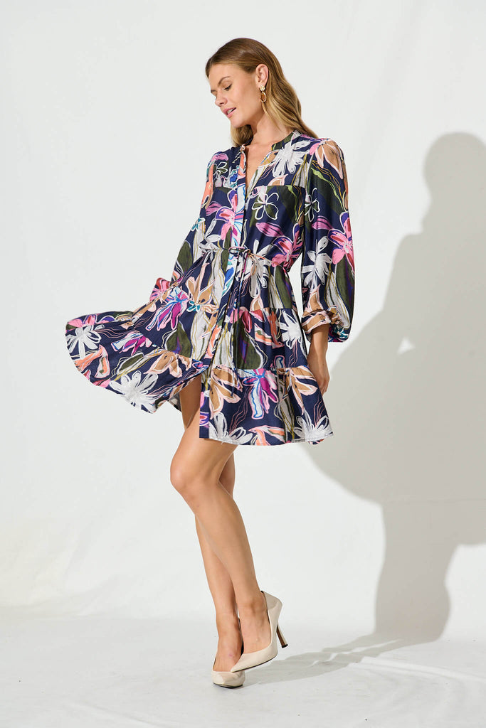 Celestia Dress In Navy Multi Flower Cotton Blend - full length