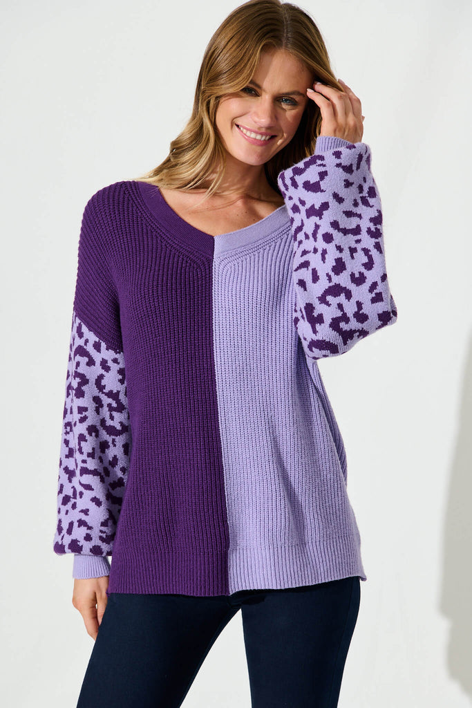 Eleni Knit Purple With Leopard Sleeve - front