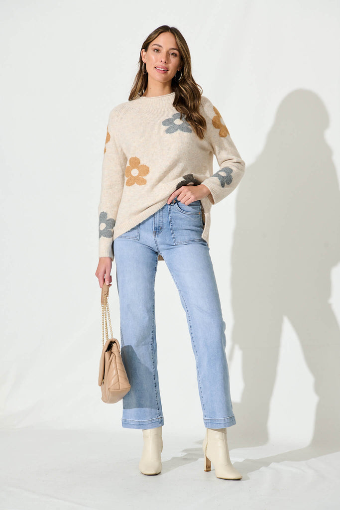 Aster Knit In Beige With Flower Wool Blend - full length