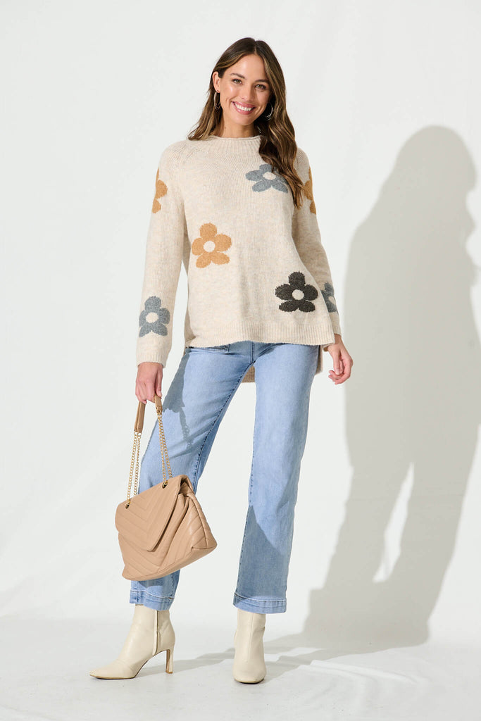 Aster Knit In Beige With Flower Wool Blend - full length