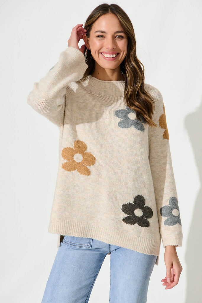 Aster Knit In Beige With Flower Wool Blend - front