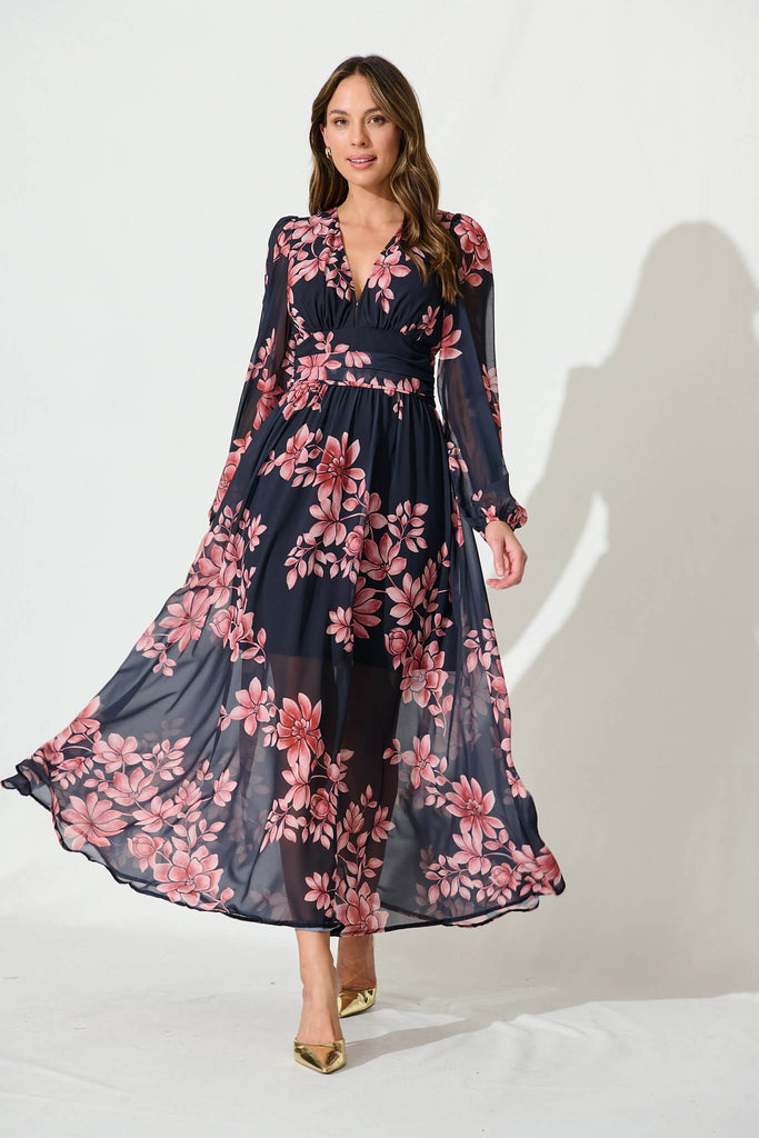 Kristy Maxi Dress In Black With Blush Floral Chiffon - full length