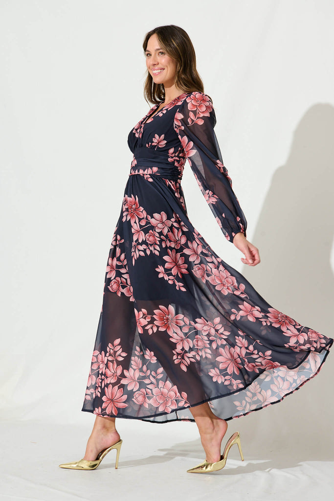 Kristy Maxi Dress In Black With Blush Floral Chiffon - side