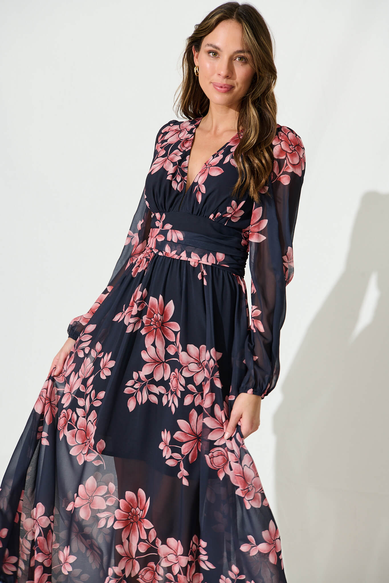 Kristy Maxi Dress In Black With Blush Floral Chiffon – St Frock