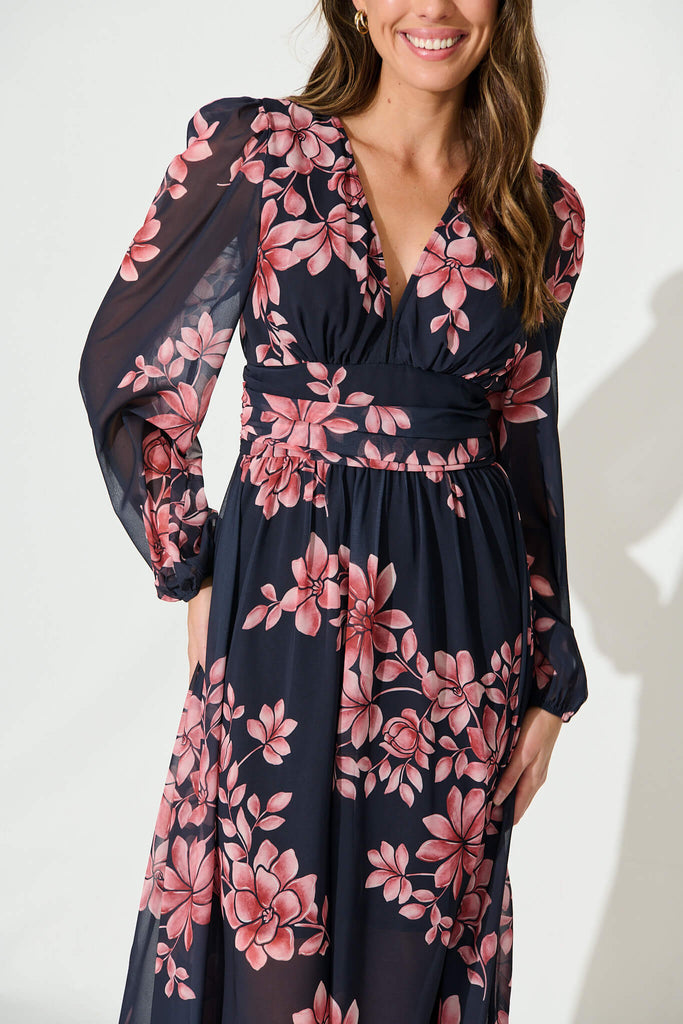 Kristy Maxi Dress In Black With Blush Floral Chiffon - detail