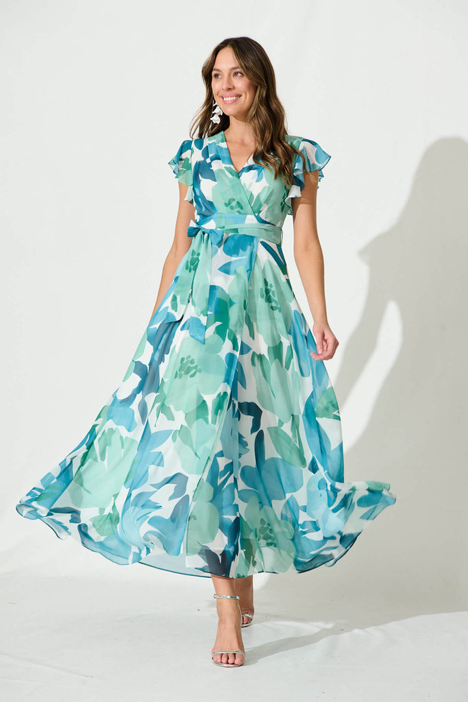 Wynter Maxi Dress In Green And Blue Floral Chiffon - full length