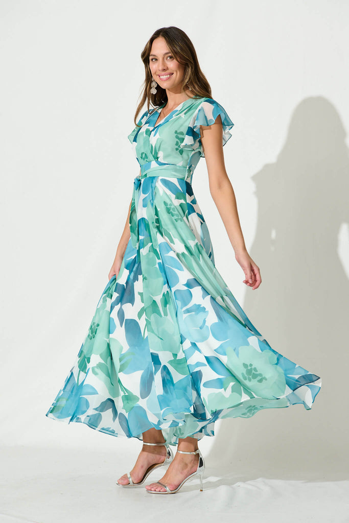 Wynter Maxi Dress In Green And Blue Floral Chiffon - side