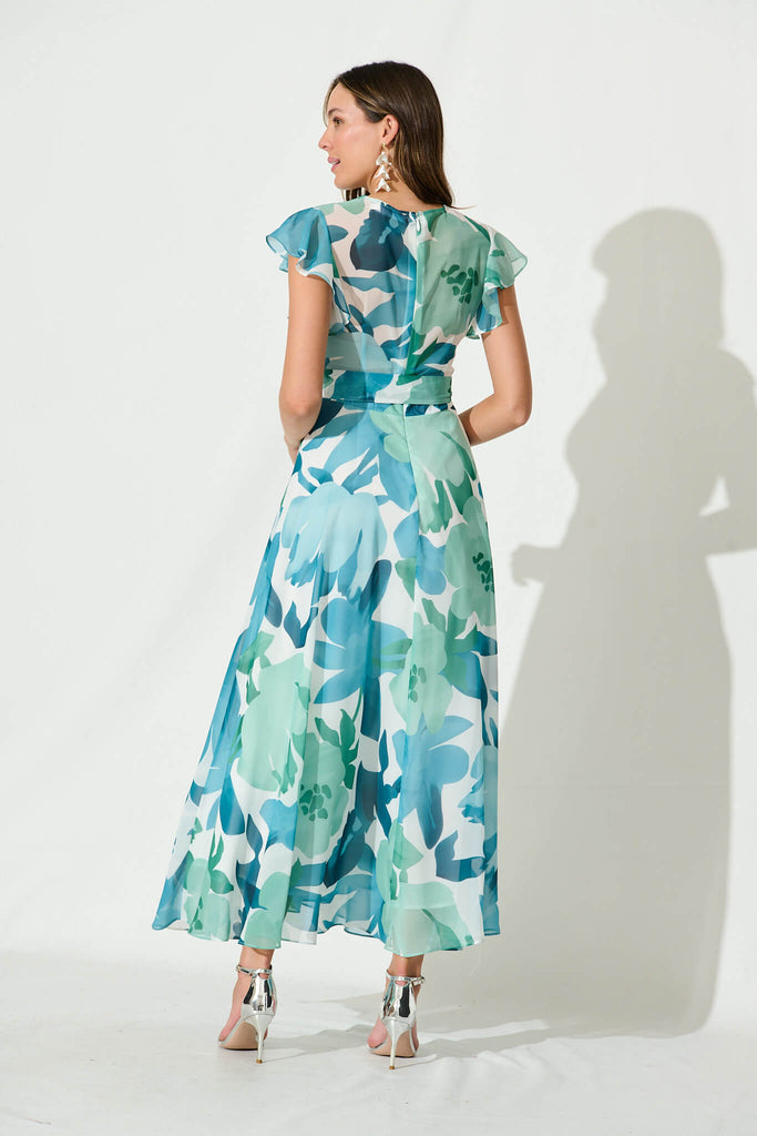 Wynter Maxi Dress In Green And Blue Floral Chiffon - back