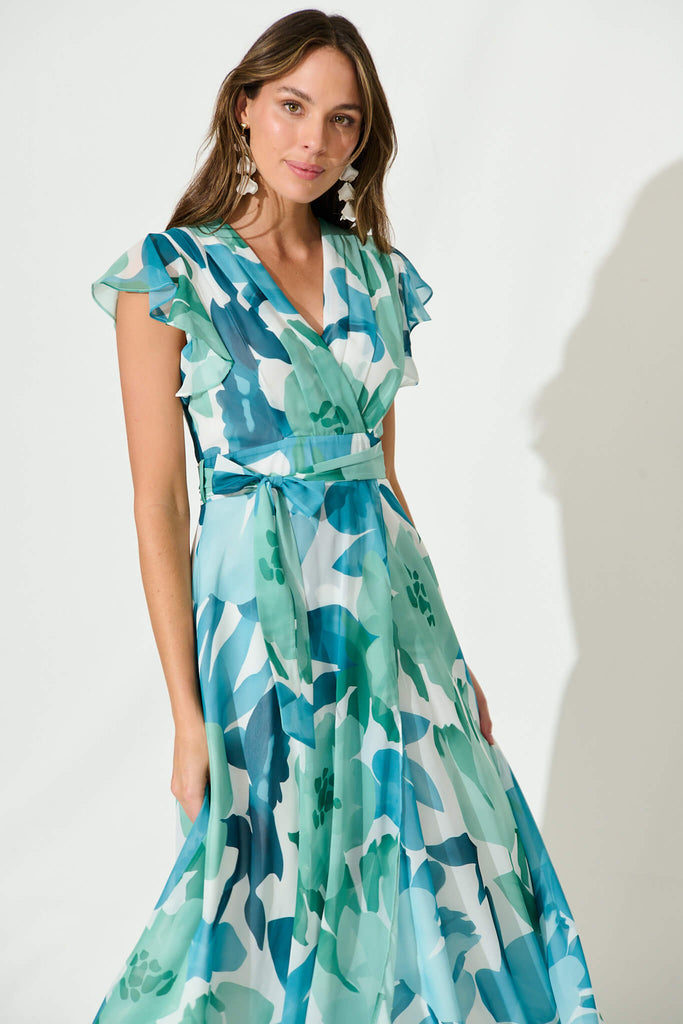 Wynter Maxi Dress In Green And Blue Floral Chiffon - front