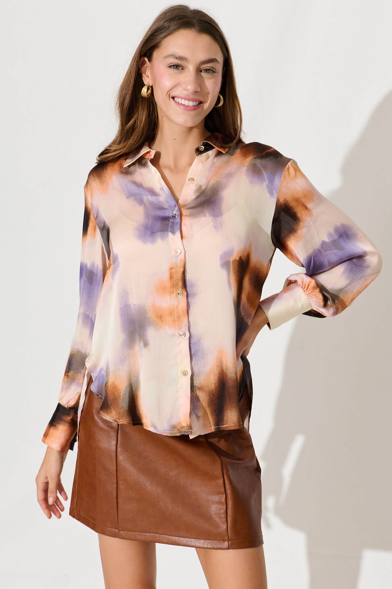 Hinami Shirt In Lilac And Rust Print Chiffon - front