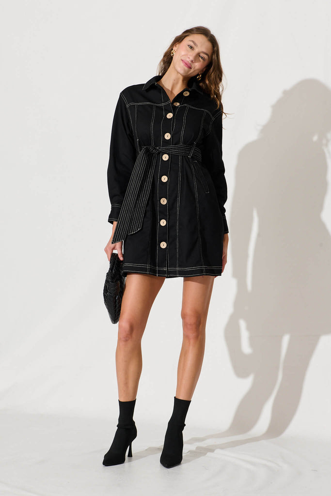 Denise Shirt Dress In Black Cotton - full length