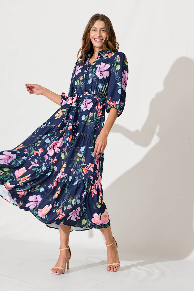 Love Song Maxi Dress In Navy With Multi Floral Print - full length