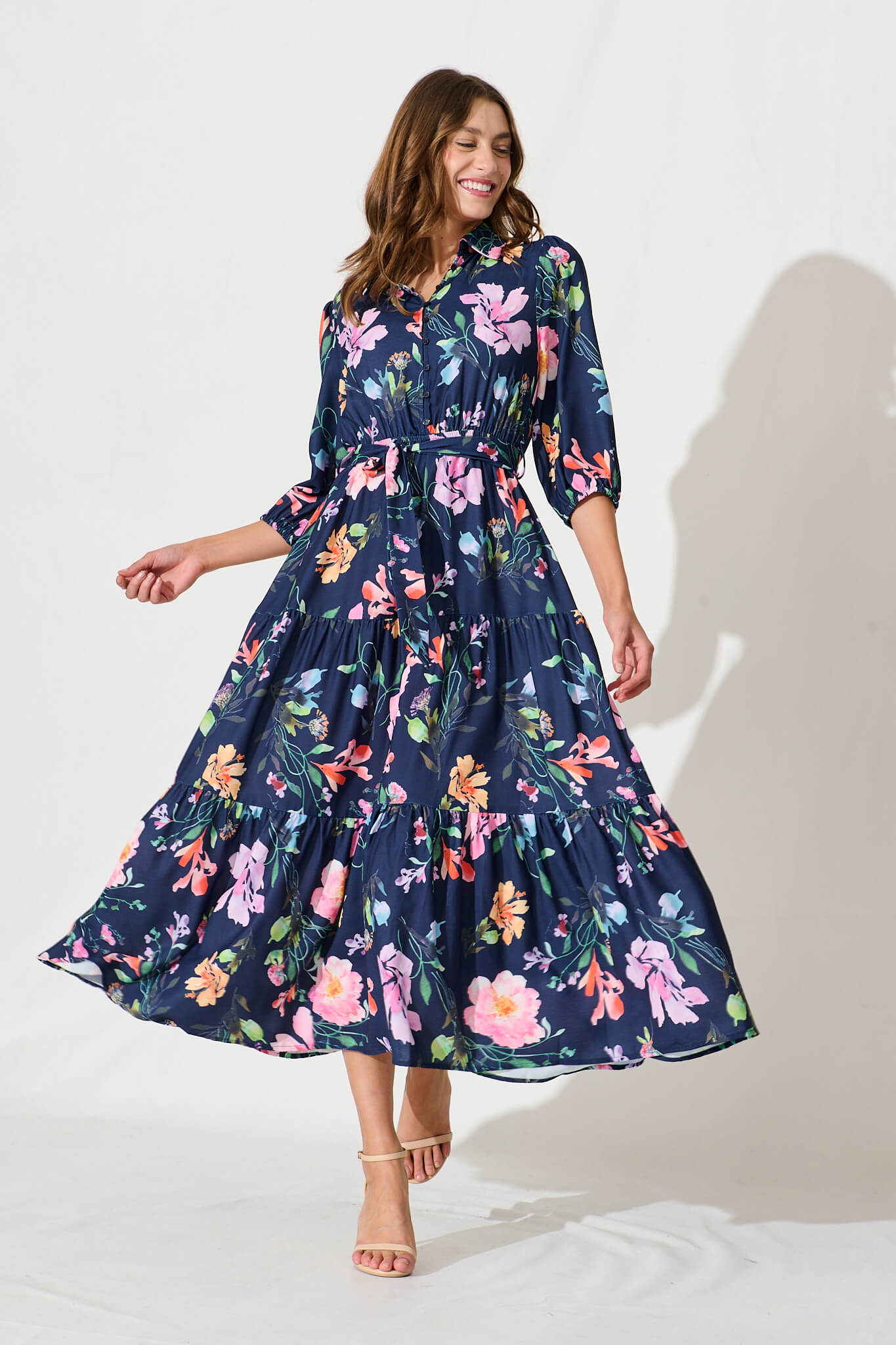 Love Song Maxi Dress In Navy With Multi Floral Print - full length