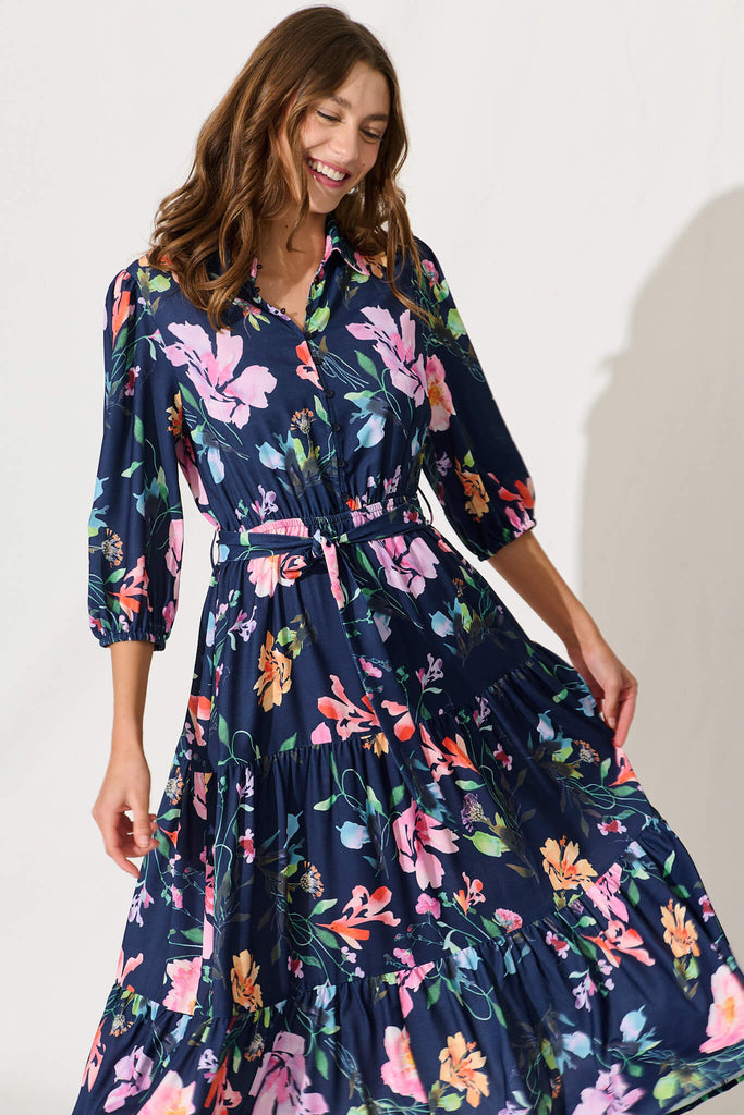 Love Song Maxi Dress In Navy With Multi Floral Print - front