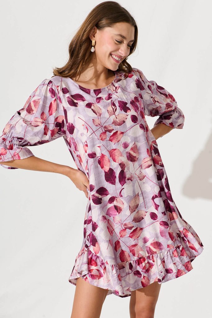 Loveline Dress In Plum Leaf Print - front